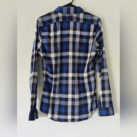 Express Plaid Shirt Mens Sz S Blue Black White Long Sleeve Button Up Academia - Picture 4 of 11